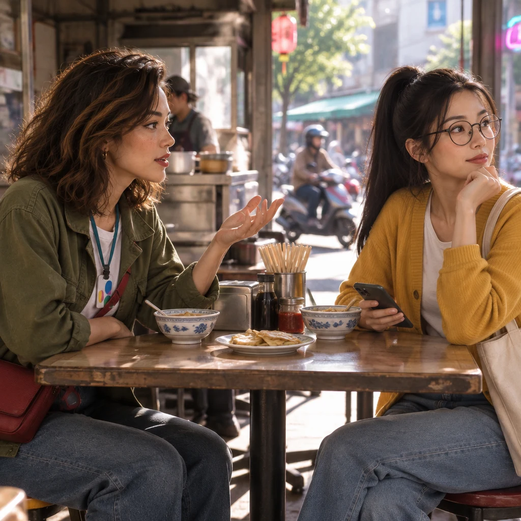 Maya asks Yi-Jun where they should meet for dinner.