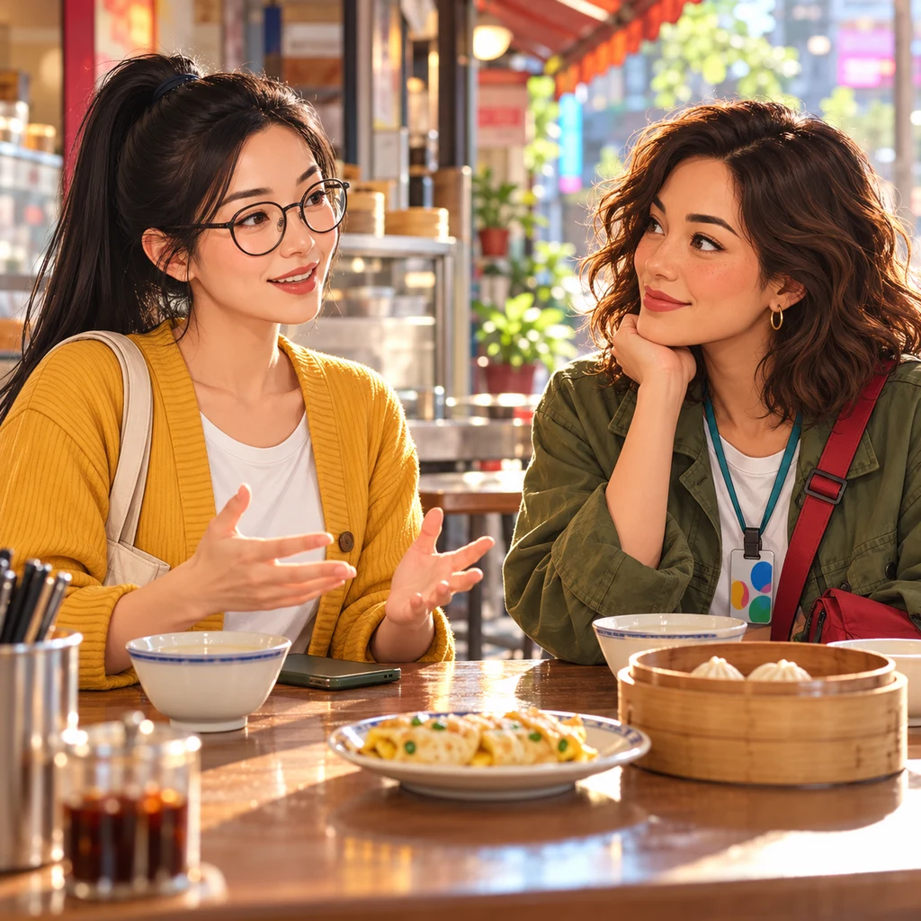 Yi-Jun tells Maya she stayed home to relax, sitting comfortably while Maya listens.