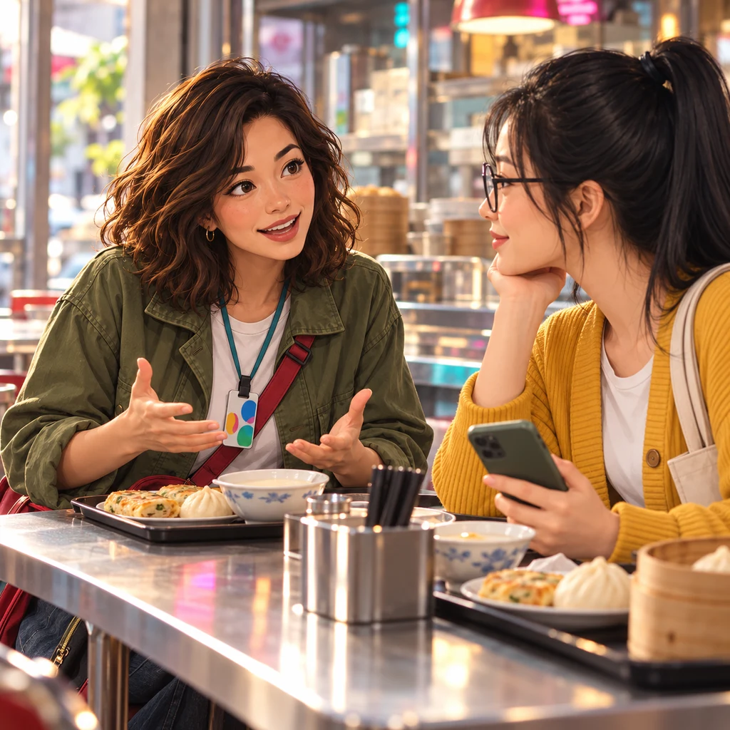 Maya responds warmly to Yi-Jun’s story with an approving smile and lively expression.