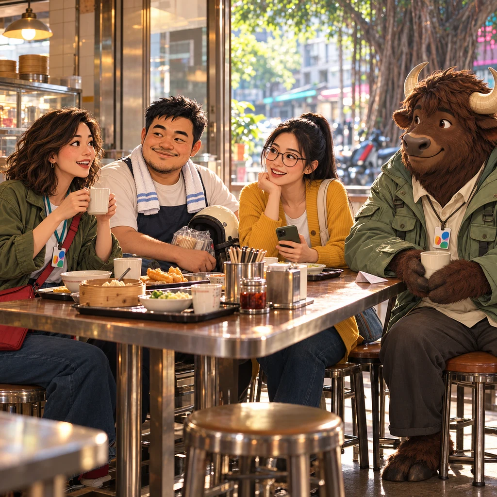 Maya, A-Jie, and Yi-Jun chat over breakfast while A-Li sits nearby with unfinished soy milk and a folded fortune slip.