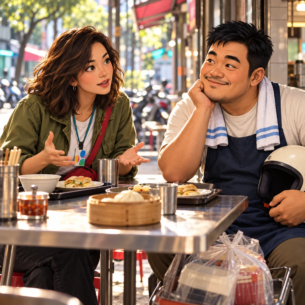 Maya asks A-Jie about his weekend plans across the breakfast table.