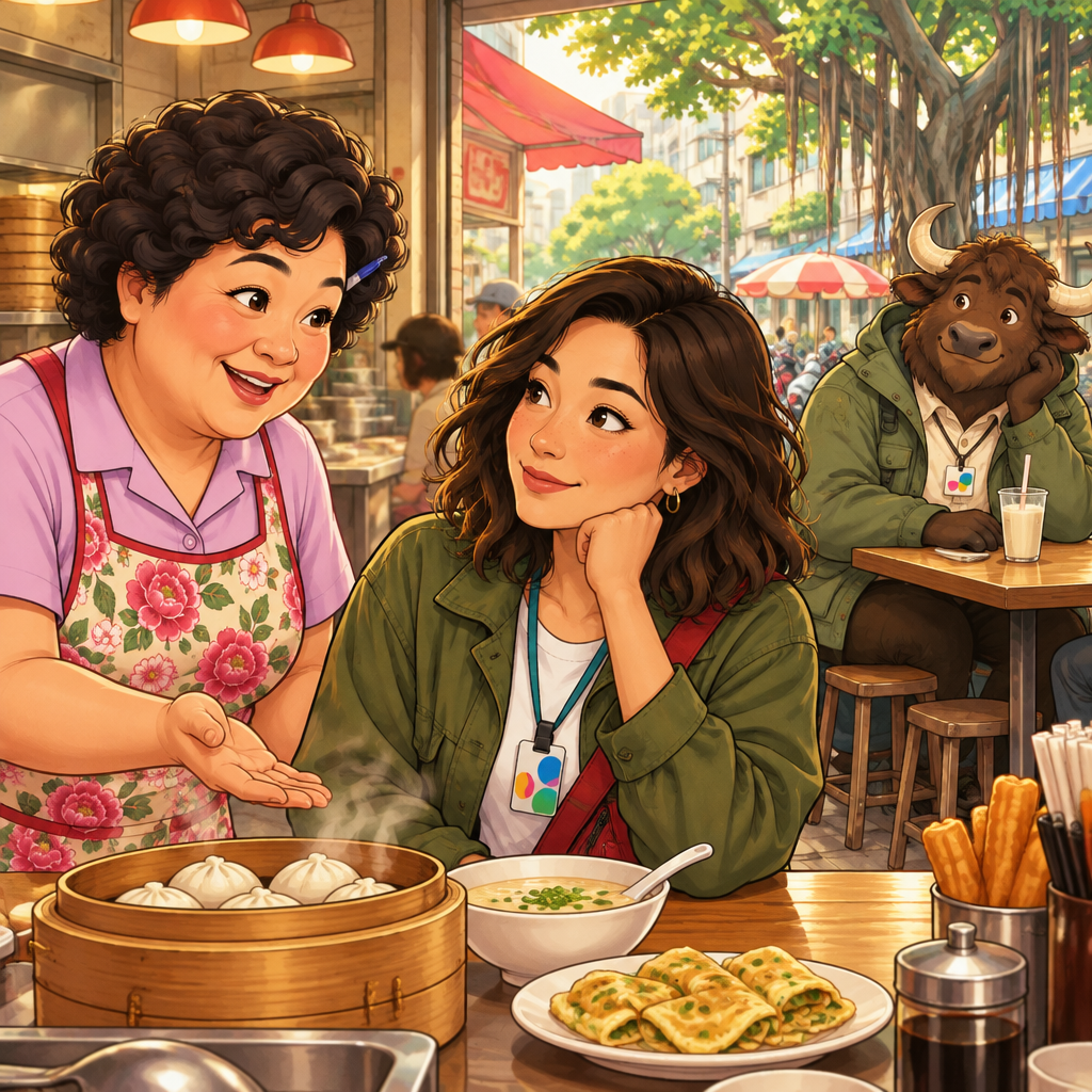 Auntie Lin gently reassures Maya with a welcoming gesture.