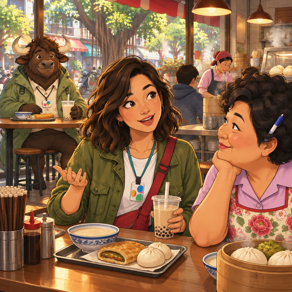 Maya reacts with mild surprise as the conversation turns to the morning trains.