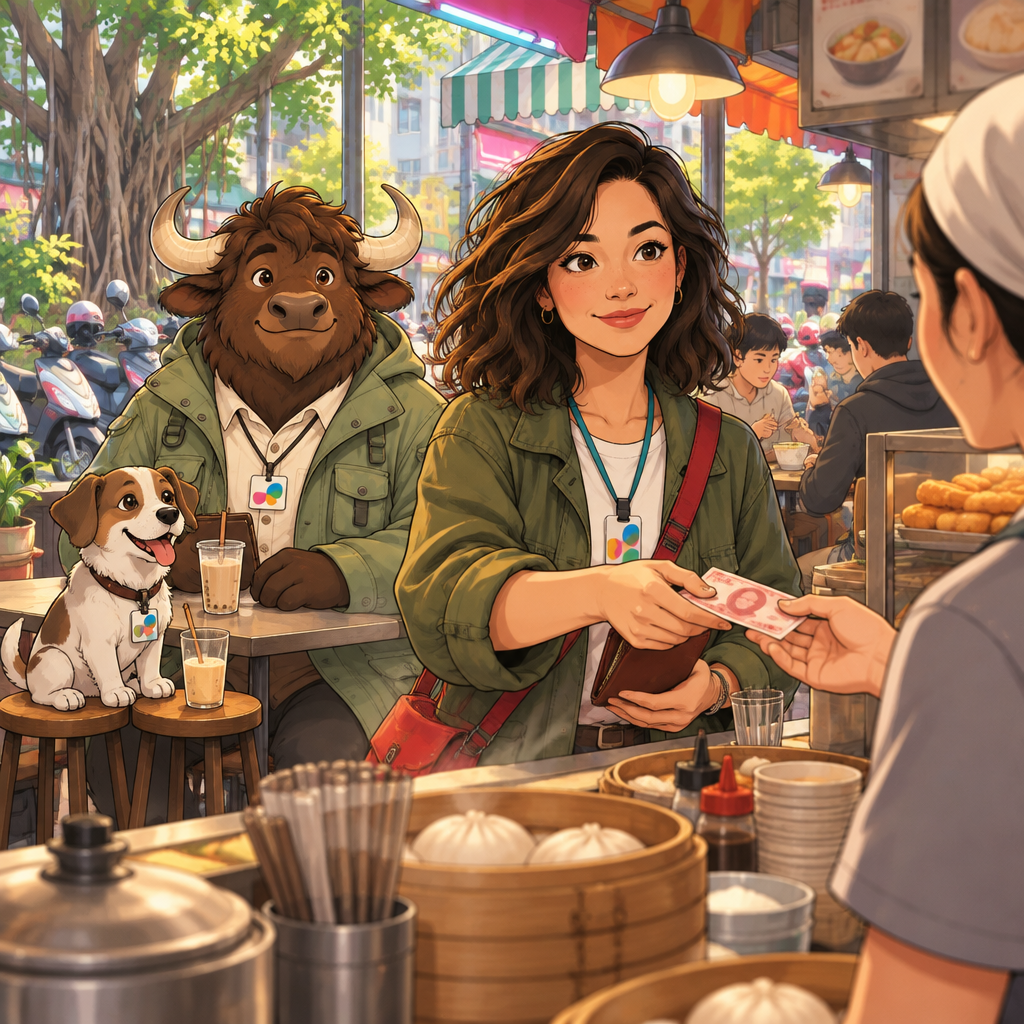 Maya holds out a banknote to pay while Ali remains at the back with his unfinished soy milk.