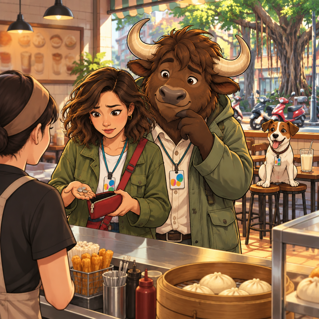 Maya searches through coins in her open wallet with a concerned expression.
