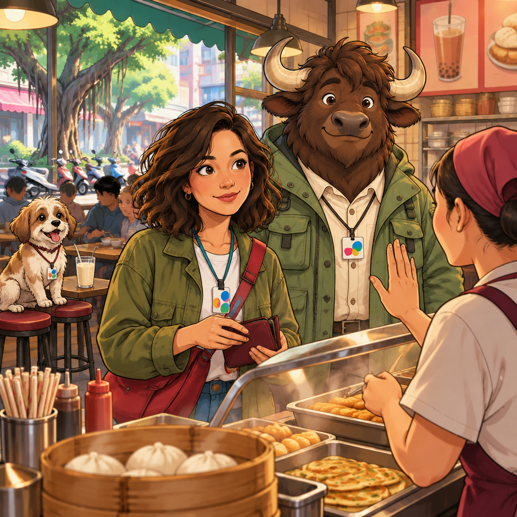 The shop clerk raises a reassuring hand while Maya waits with her wallet open.