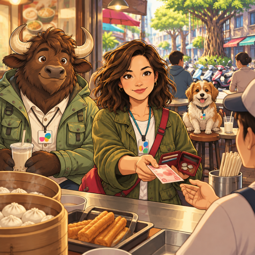 Maya hands the banknote across the counter to the shop clerk.