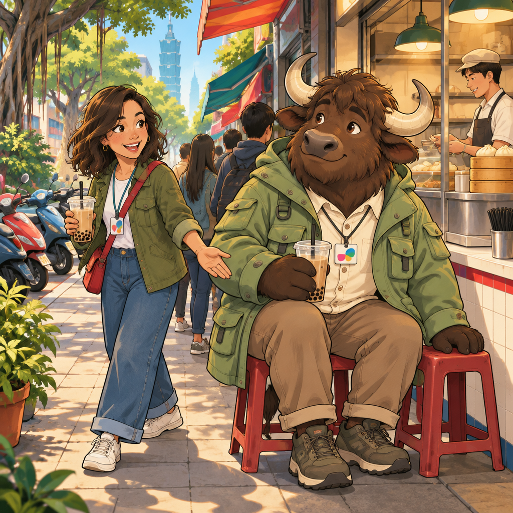 Maya steps back and gestures for A-Li to go ahead while she waits behind him.