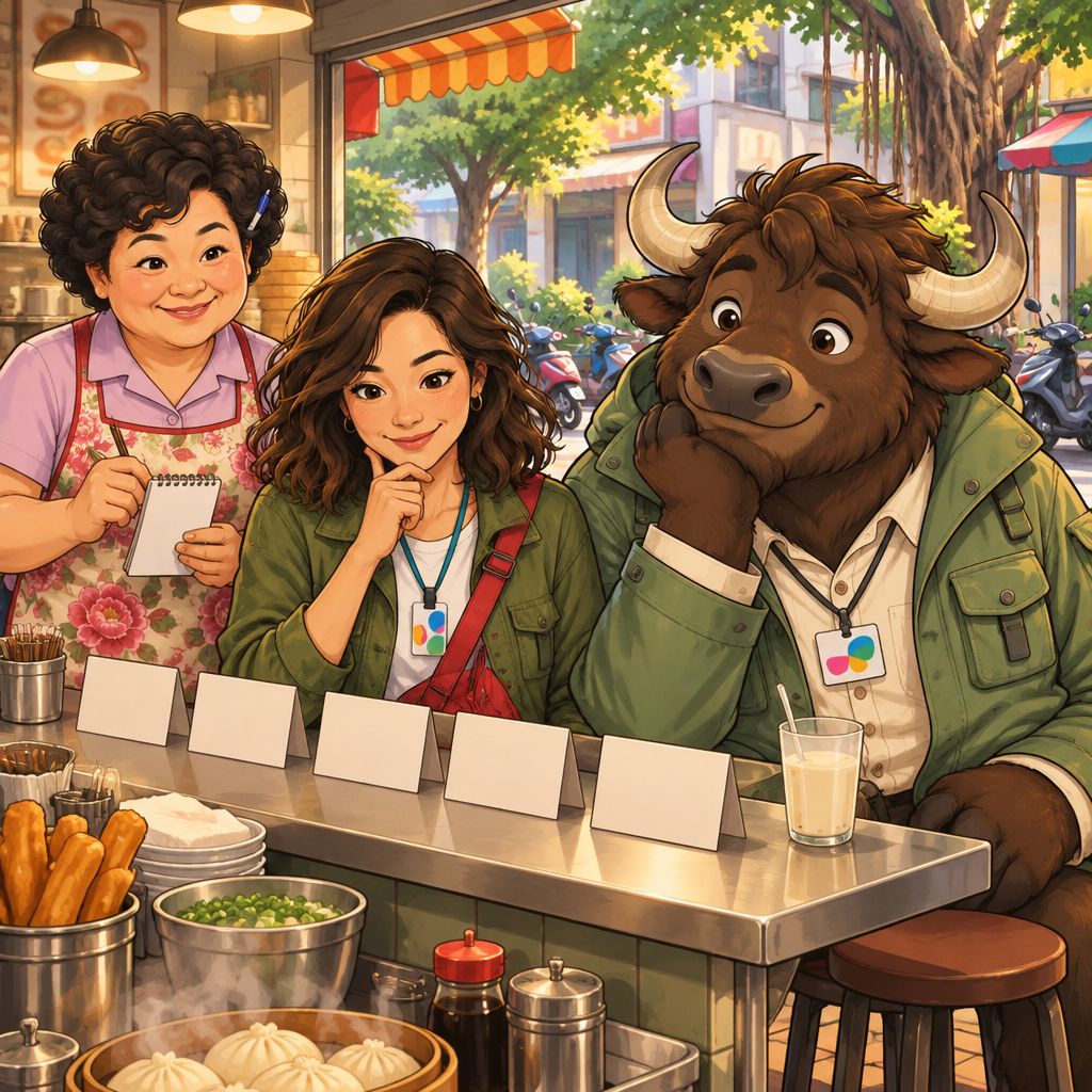 Maya studies number cards on the counter while A-Li sits nearby and Auntie Lin gets ready to take her order.