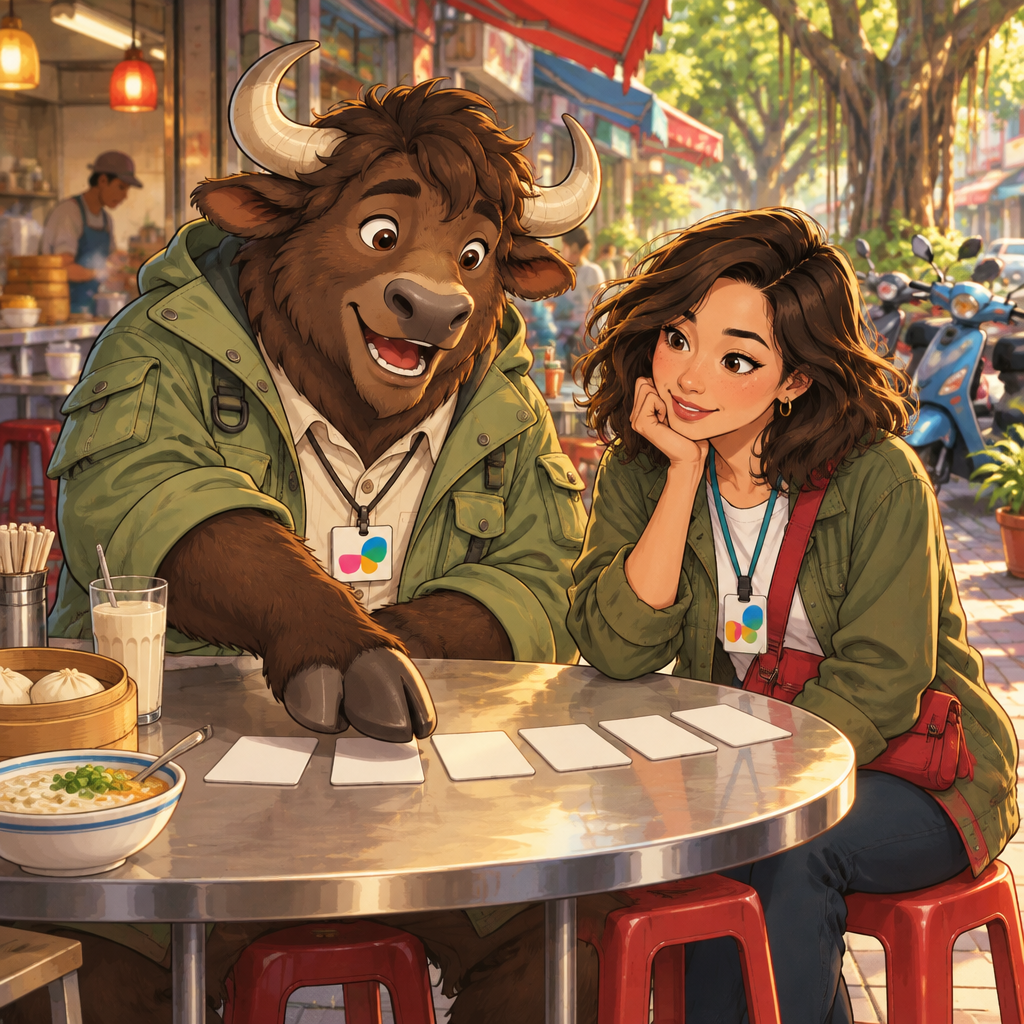 A-Li continues reading the cards as Maya follows his gesture across the counter.