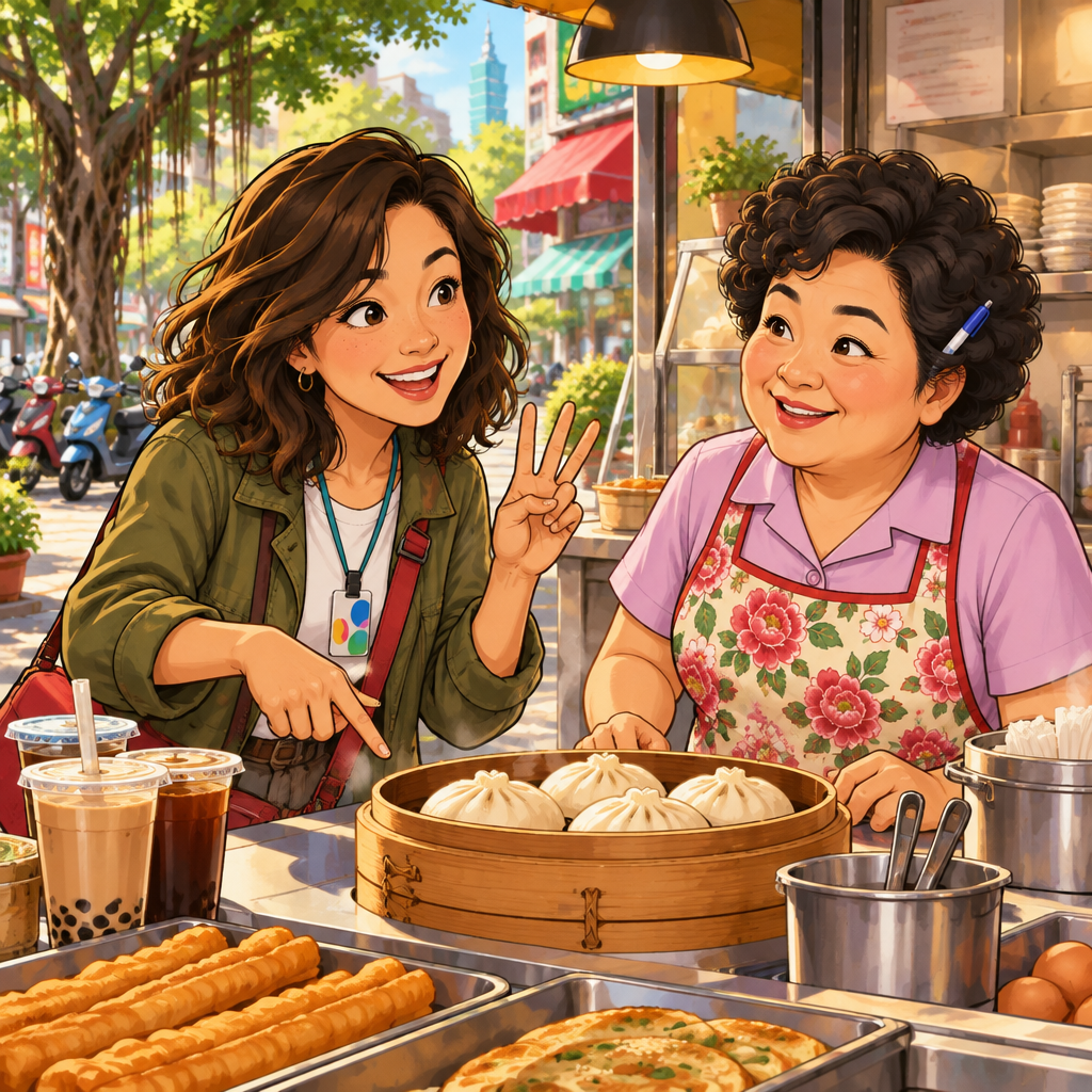 Maya clearly orders three breakfast items from Auntie Lin.
