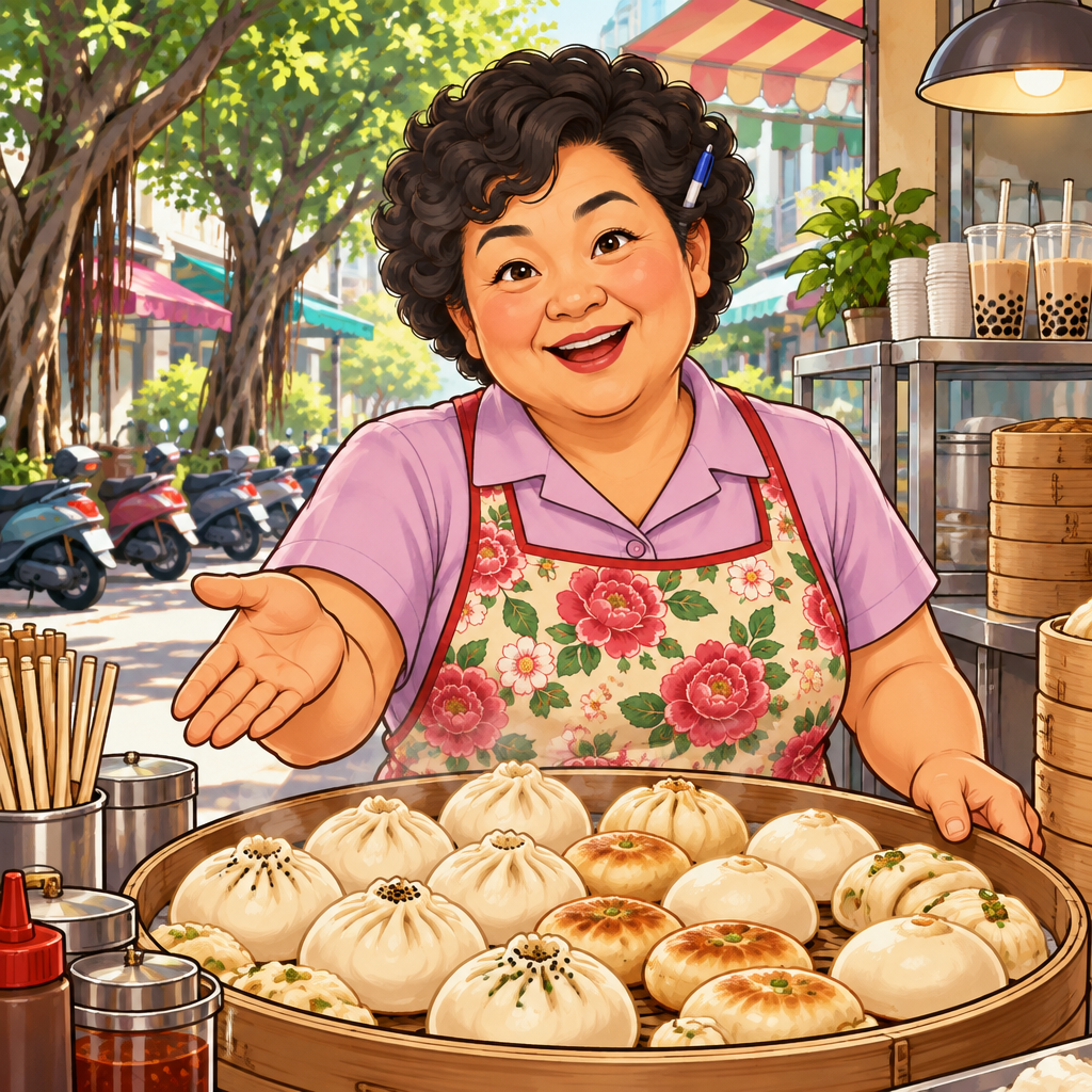 Auntie Lin indicates a large batch of breakfast items on the counter.