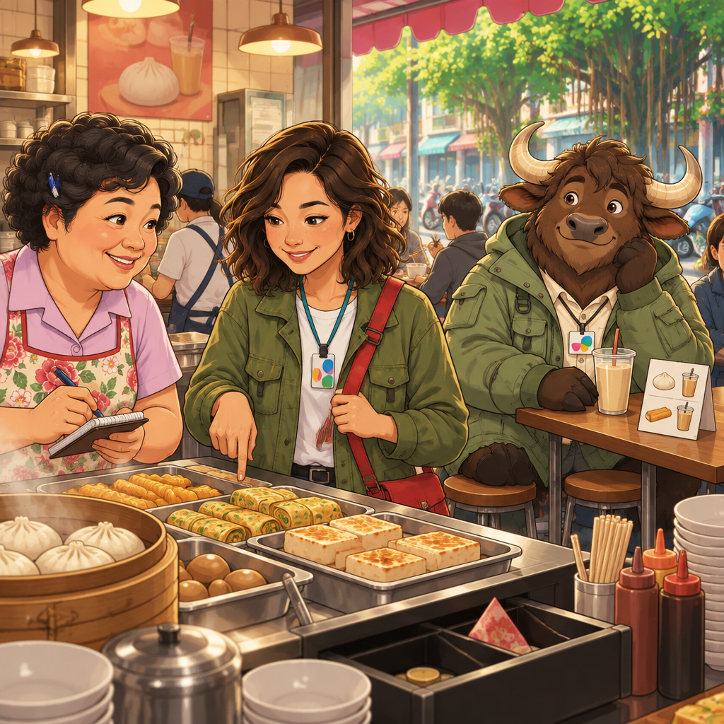 Maya orders breakfast from Auntie Lin while A-Li sits nearby with an unfinished soy milk and an order card covered in paired food icons.