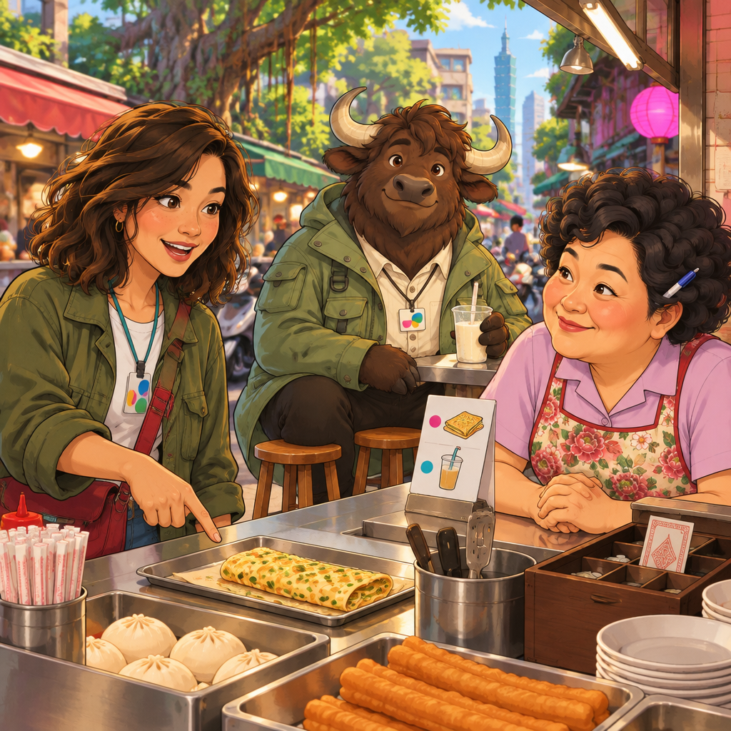 Maya points to one egg pancake as she orders it from Auntie Lin.