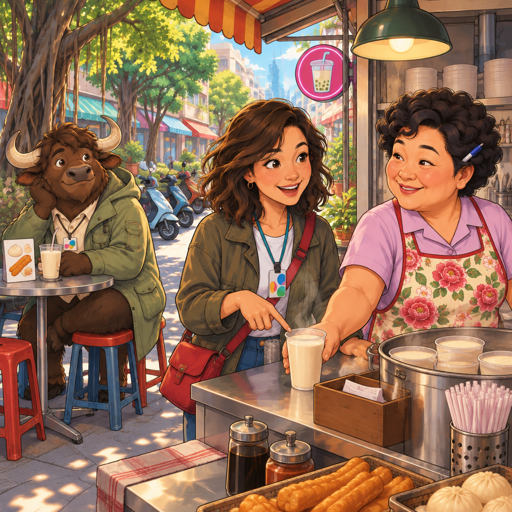 Maya gestures toward one cup of soy milk as she orders it, with A-Li's own cup still unfinished nearby.