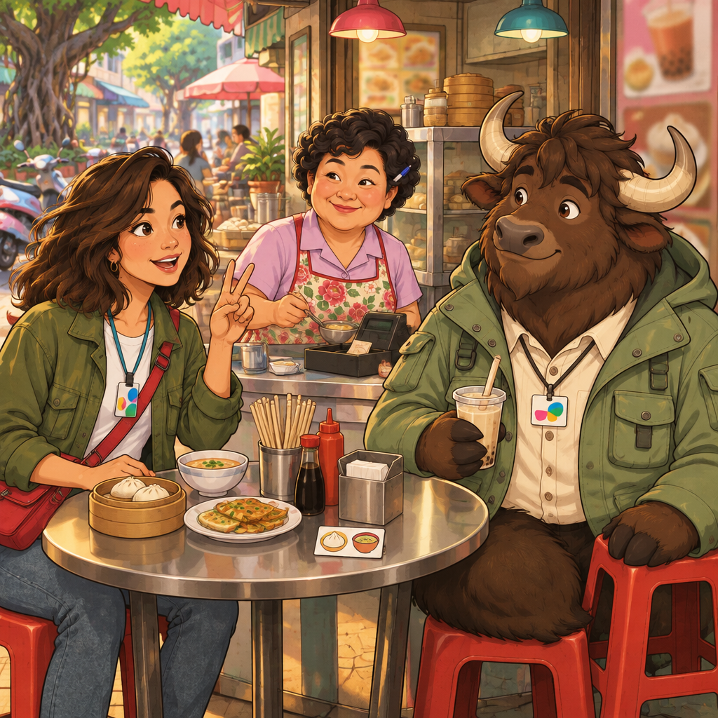 Maya indicates two people with a two-finger gesture while Auntie Lin listens across the counter.