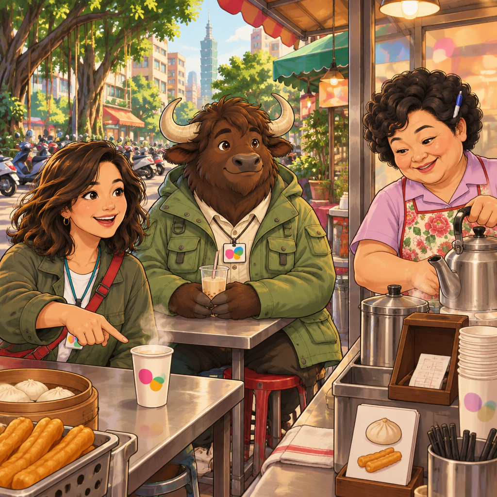Maya requests one hot drink by pointing to a steaming cup while Auntie Lin prepares it.