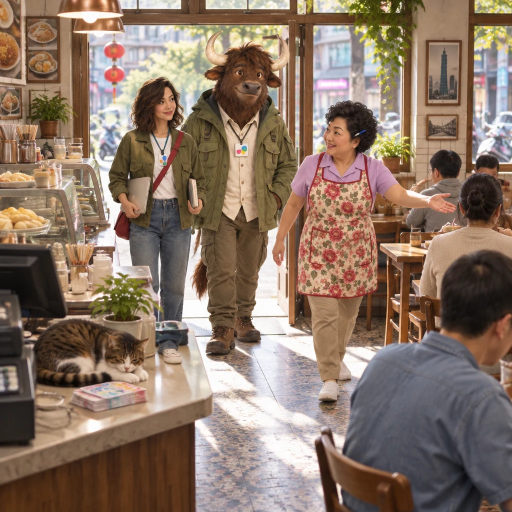 Maya and A-Li come into Banyan Breakfast together while Auntie Lin walks over to find them a table, and the neighbor's cat sits by event tickets near the till.