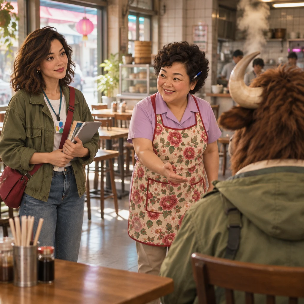 Seen over A-Li's shoulder, Auntie Lin welcomes Maya with a courteous hand indicating the pair of guests.