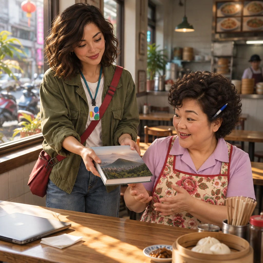 Maya presents a book with both hands as Auntie Lin turns toward it at a window table.