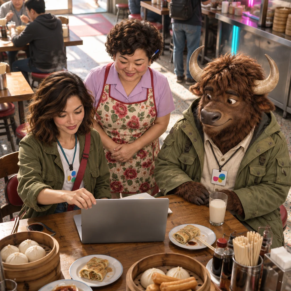 From above, Maya opens a computer on the table while Auntie Lin looks on and A-Li sits with soy milk.