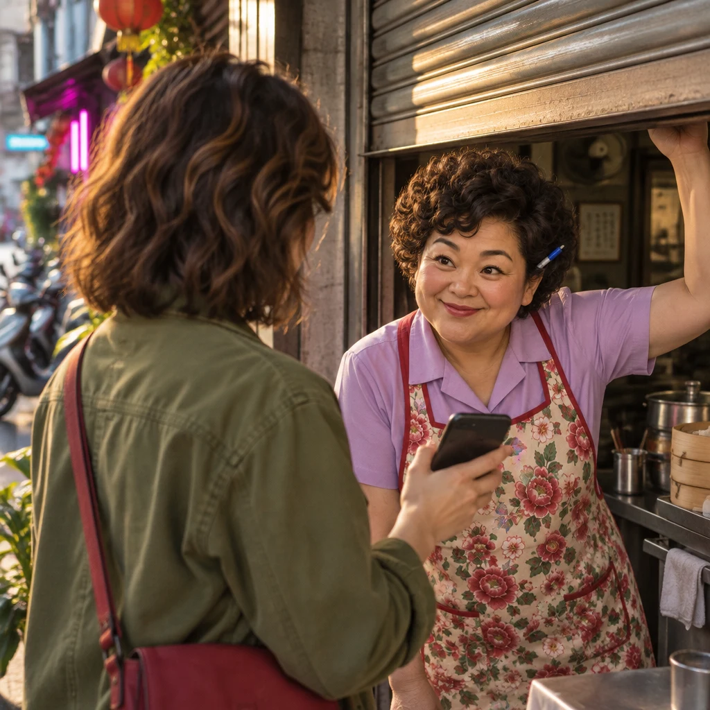 Maya holds her phone toward Auntie Lin as they talk about the time at the closed shop.