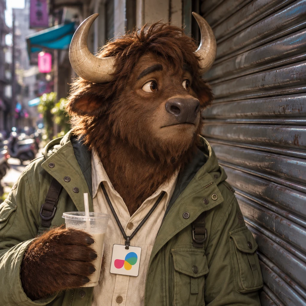 A-Li the yak stands by the closed shutter with unfinished soy milk, caught off guard that the shop has already closed.