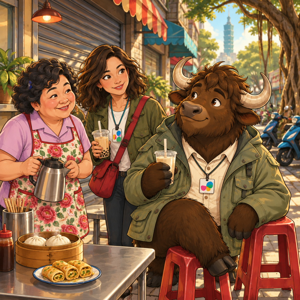 Outside the closed breakfast shop, Maya and Auntie Lin stand near Ali, who waits with unfinished soy milk.