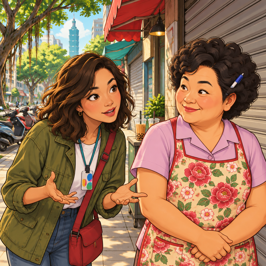 Maya asks Auntie Lin about the day while they stand outside the closed breakfast shop.