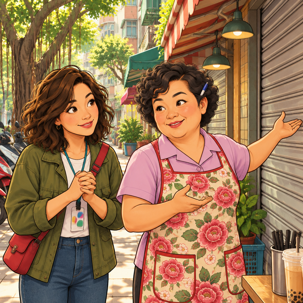 Auntie Lin answers Maya while gesturing toward the closed shop.