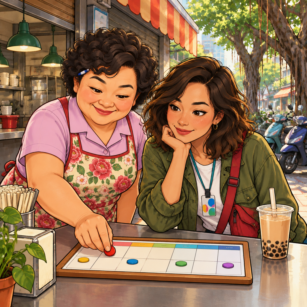 Auntie Lin indicates the present day on the blank planner while Maya follows her gesture.