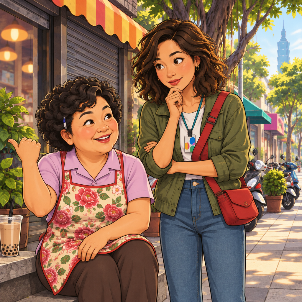 Auntie Lin gestures back toward the quiet street as she explains the previous day to Maya.