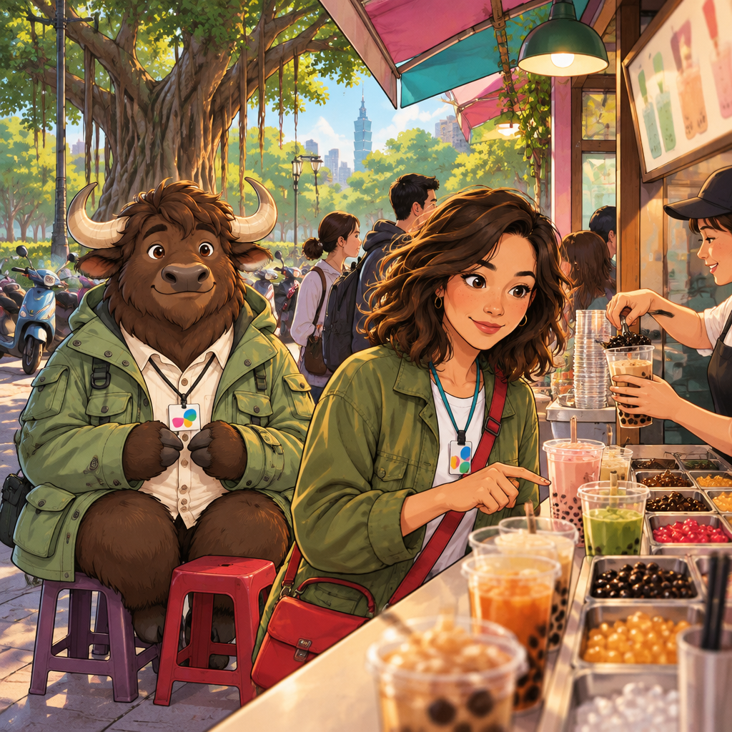 Maya orders at a busy park-side drink stand while Ali waits behind her with his transit card on a string.