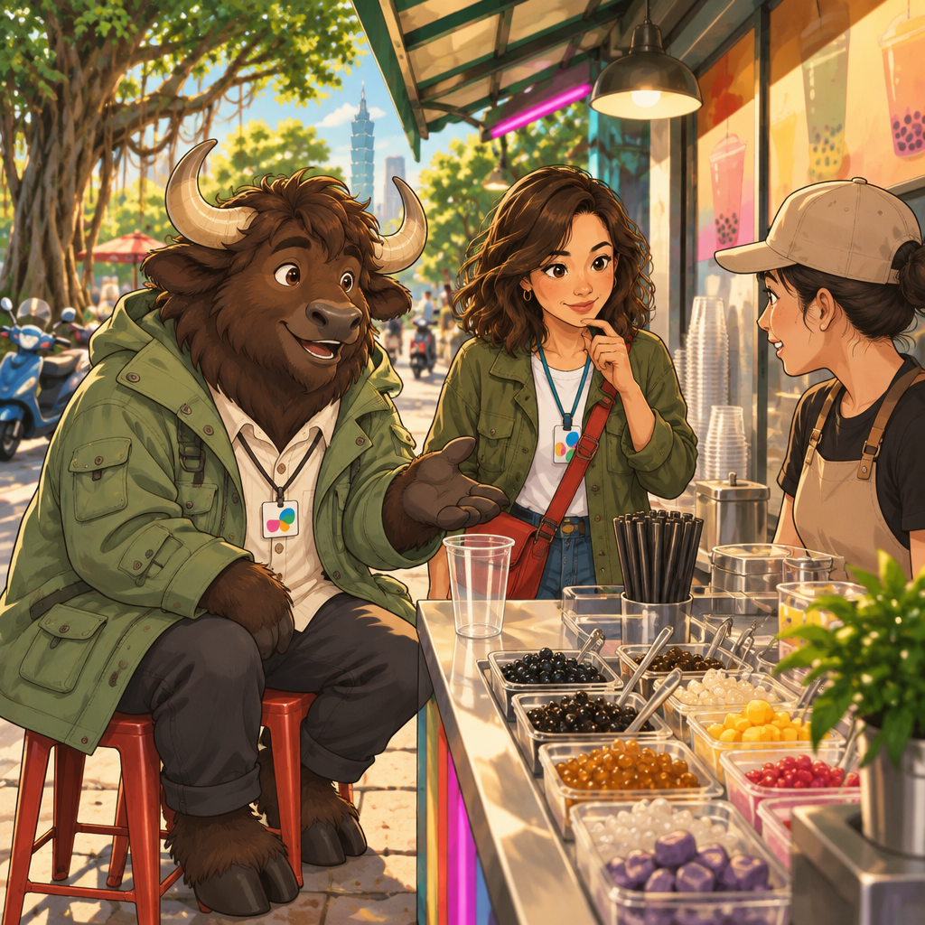 Ali asks for a medium cup while Maya looks over the drink options at the counter.