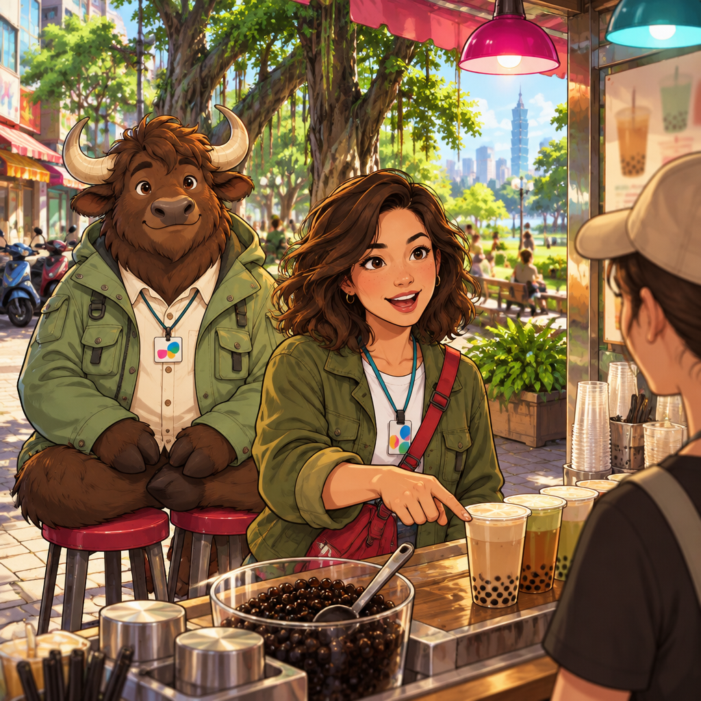 Maya points to the bubble milk tea ingredients as she places her order.