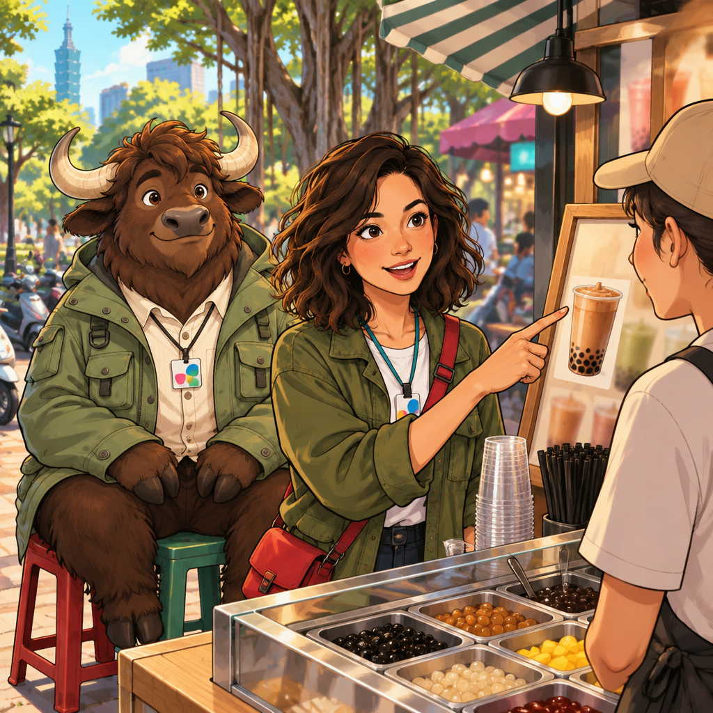 Maya chooses a black tea latte at the counter while Ali waits behind her.