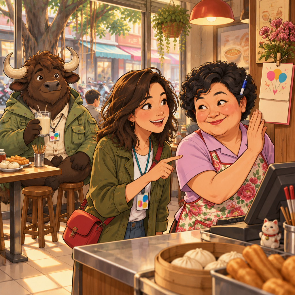 Maya asks Auntie Lin about the birthday card while A-Li sits at the back with his soy milk.
