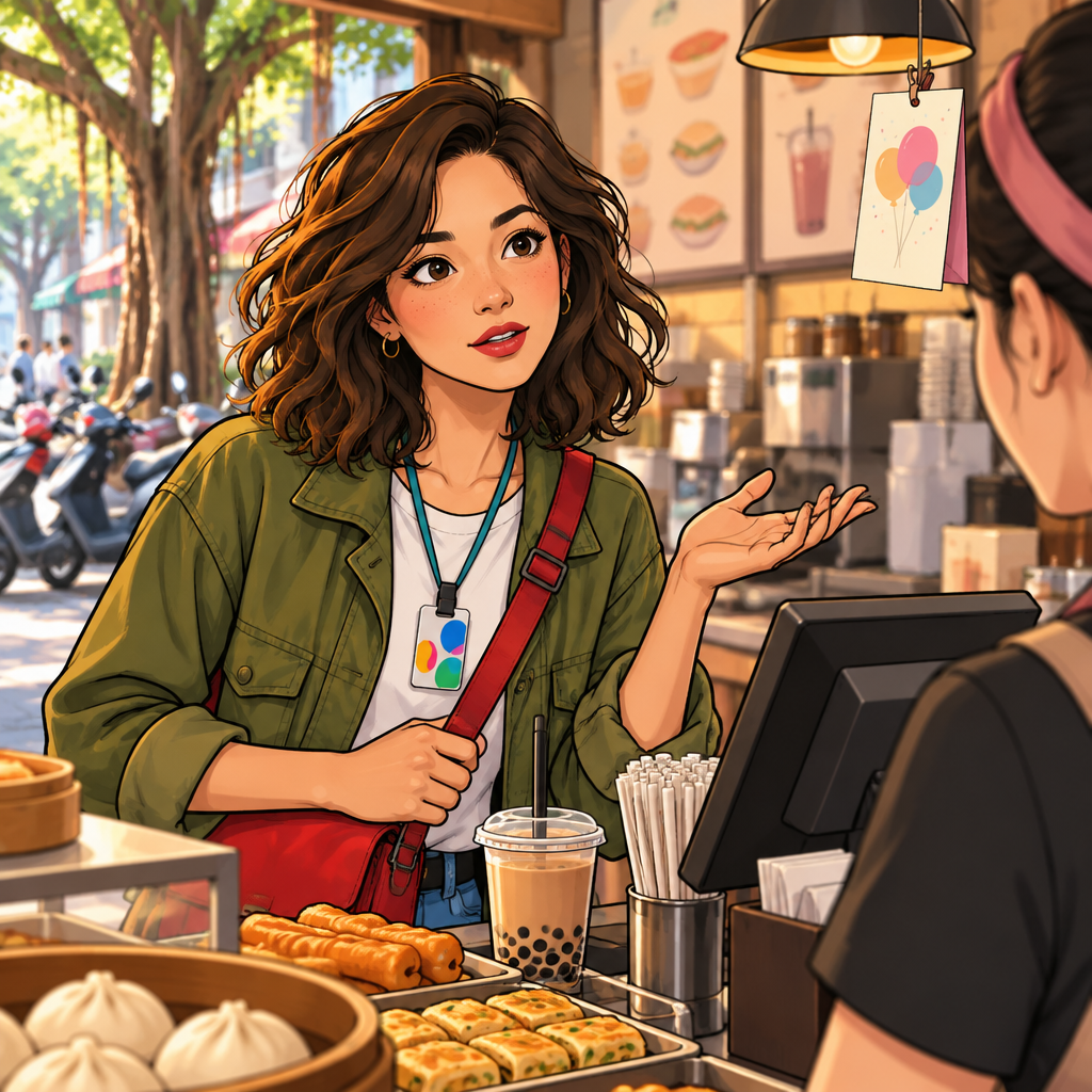Maya asks about the date beside the breakfast-shop counter.