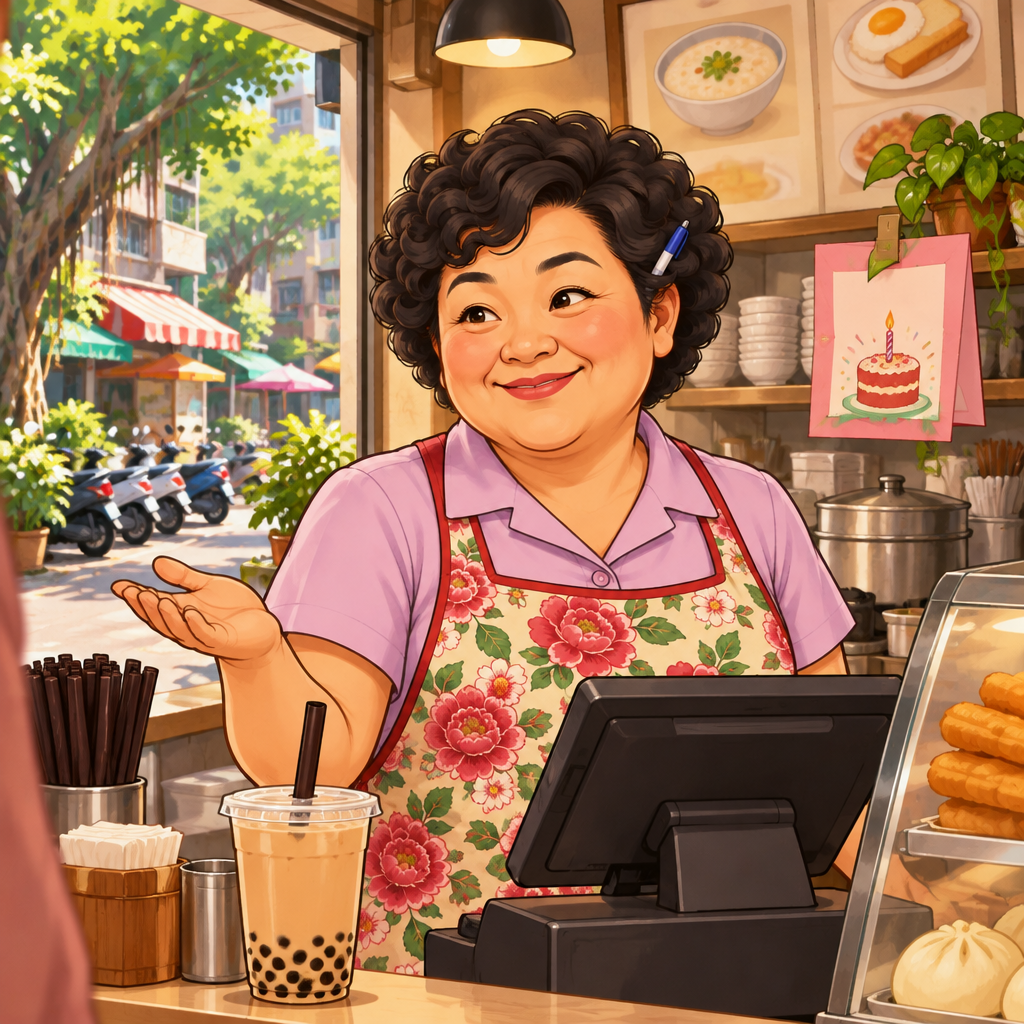 Auntie Lin answers Maya while standing behind the till.