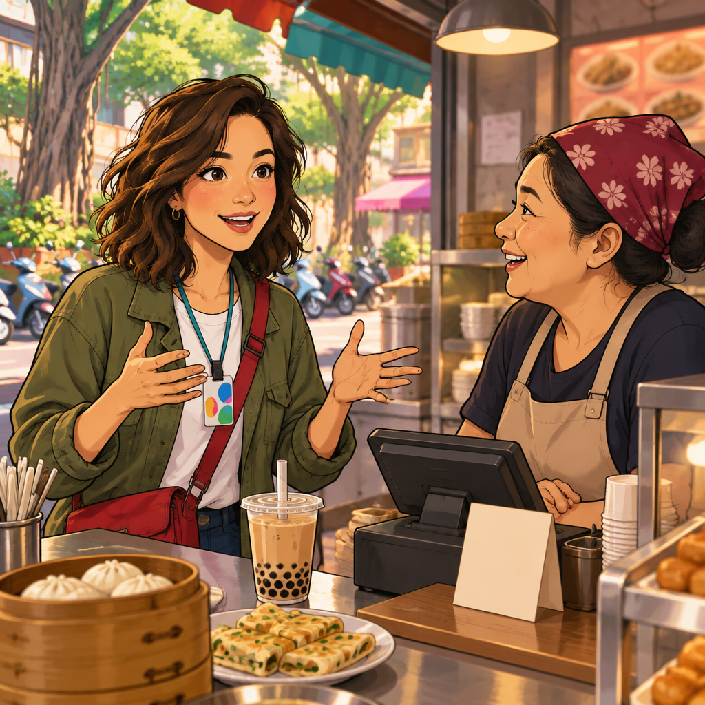 Maya gestures as if listing the months while looking at Auntie Lin.