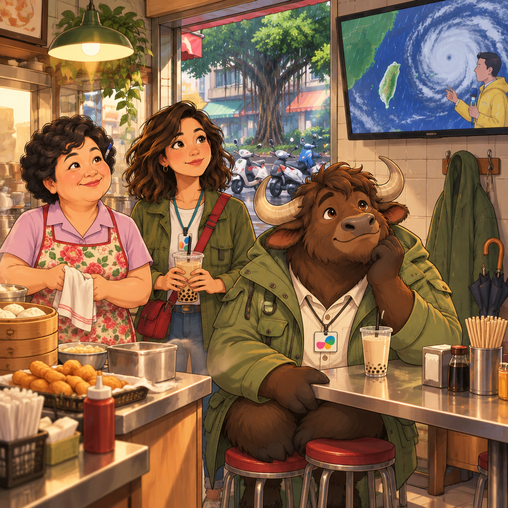 Maya and Auntie Lin watch the weather outside while A-Li sits beside an unfinished soy milk.