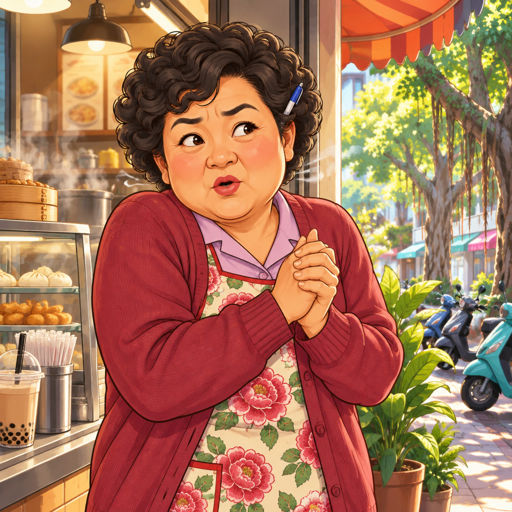 Auntie Lin hugs her arms close as a cool breeze enters the shop.