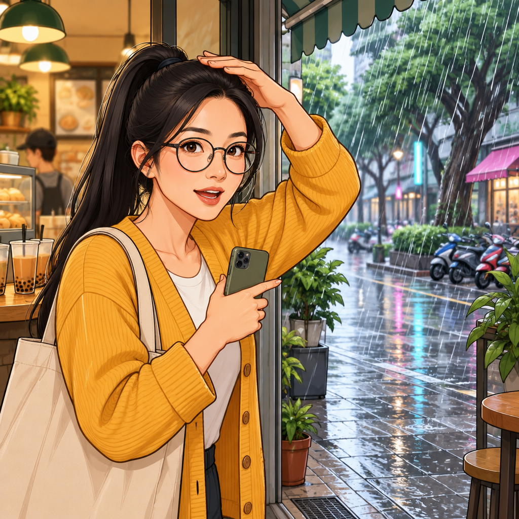 Yijun looks through the breakfast-shop doorway at rain falling outside.