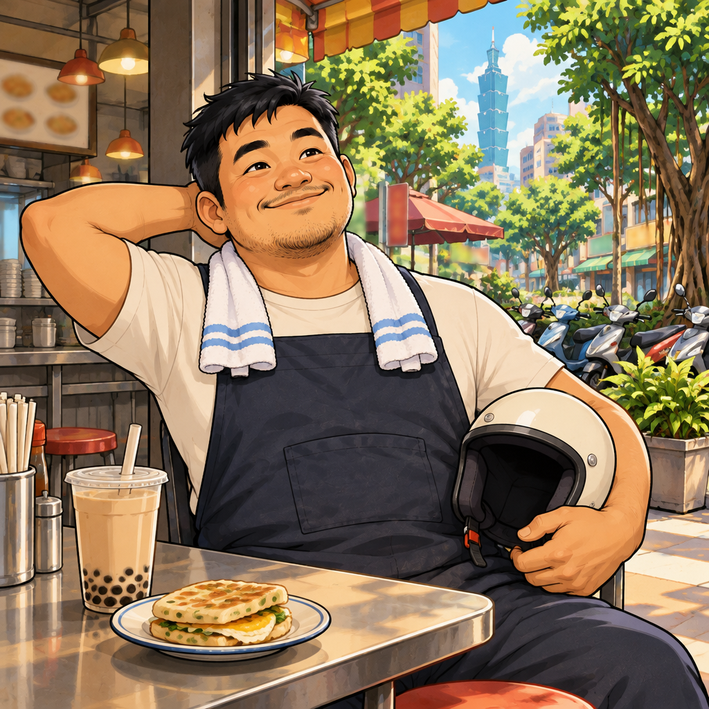 Ajie smiles at the clear, sunny view outside the breakfast shop.