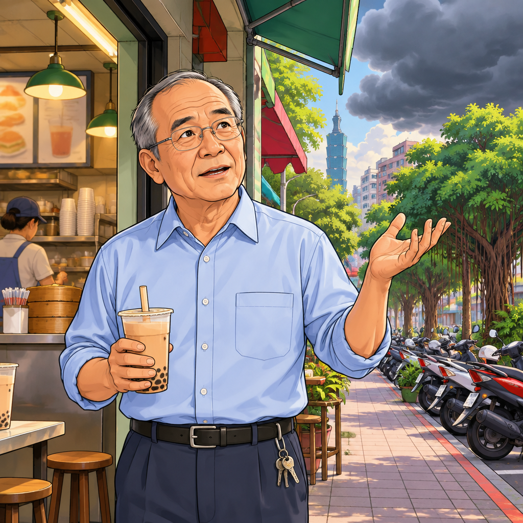 Wang looks toward gathering clouds with a questioning expression.