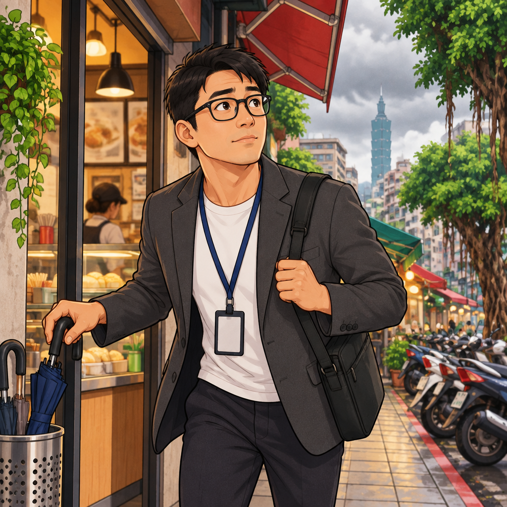 Zhiming picks up an umbrella before stepping out of the breakfast shop.