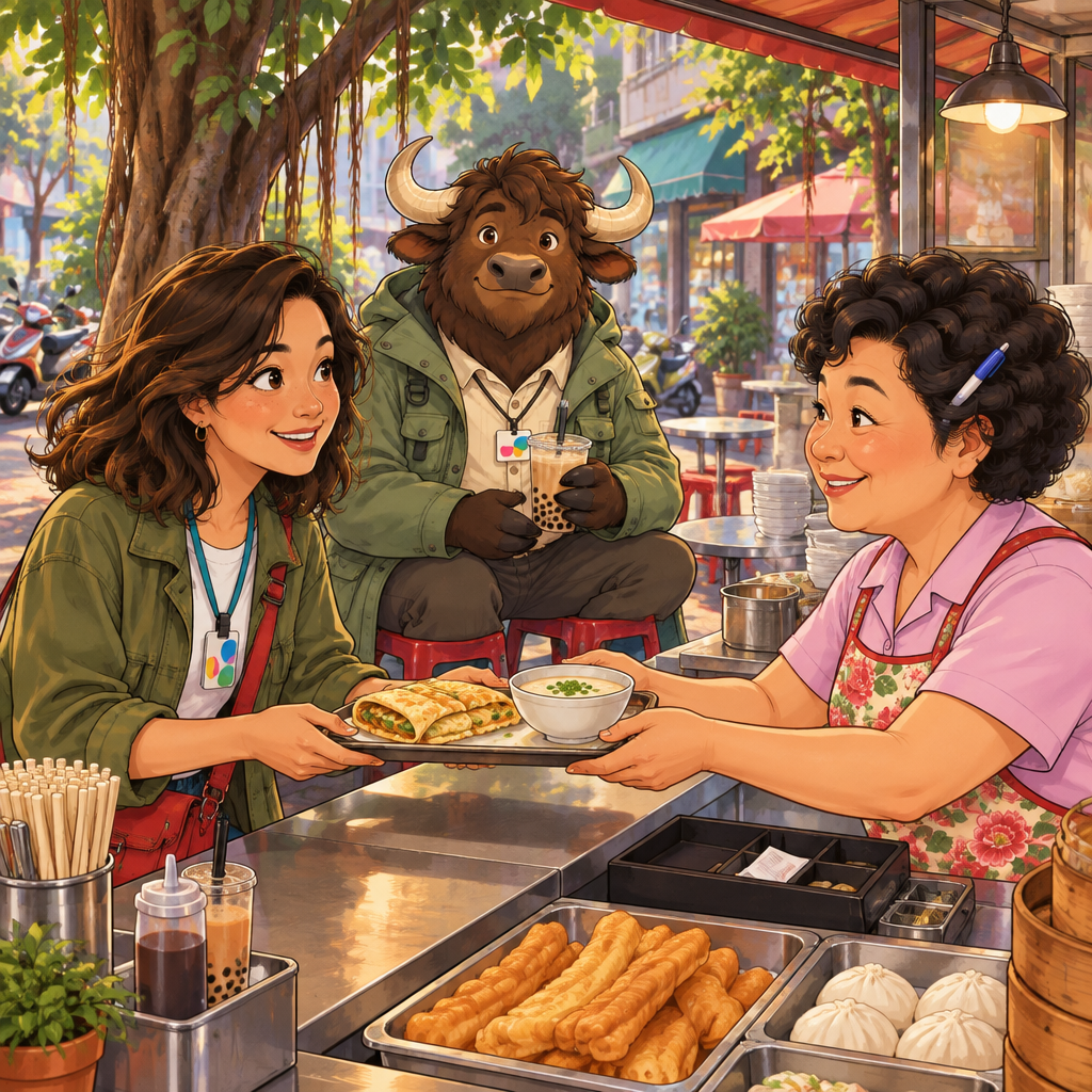 Maya greets Lin warmly at the breakfast counter while Ali sits beside them.