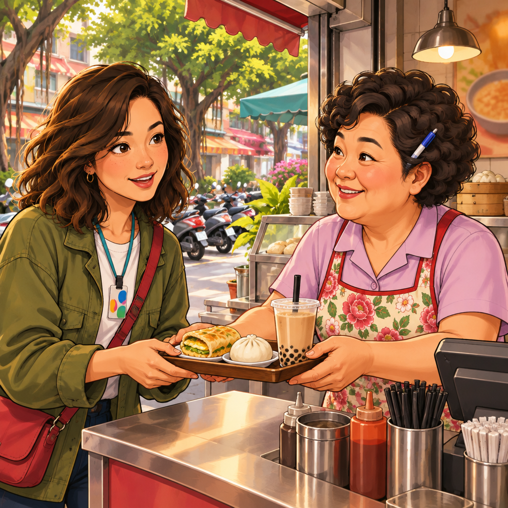 Maya addresses Lin as the shop owner while Lin hands her a breakfast tray.