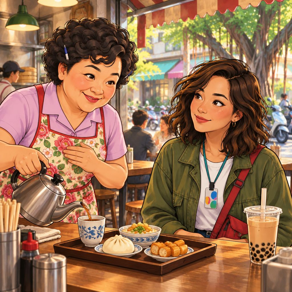 Lin politely addresses Maya with a slight bow as she pours tea.