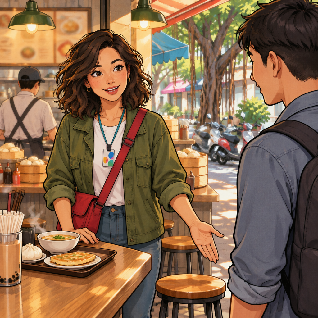 Maya politely addresses a male customer and gestures toward an empty seat.